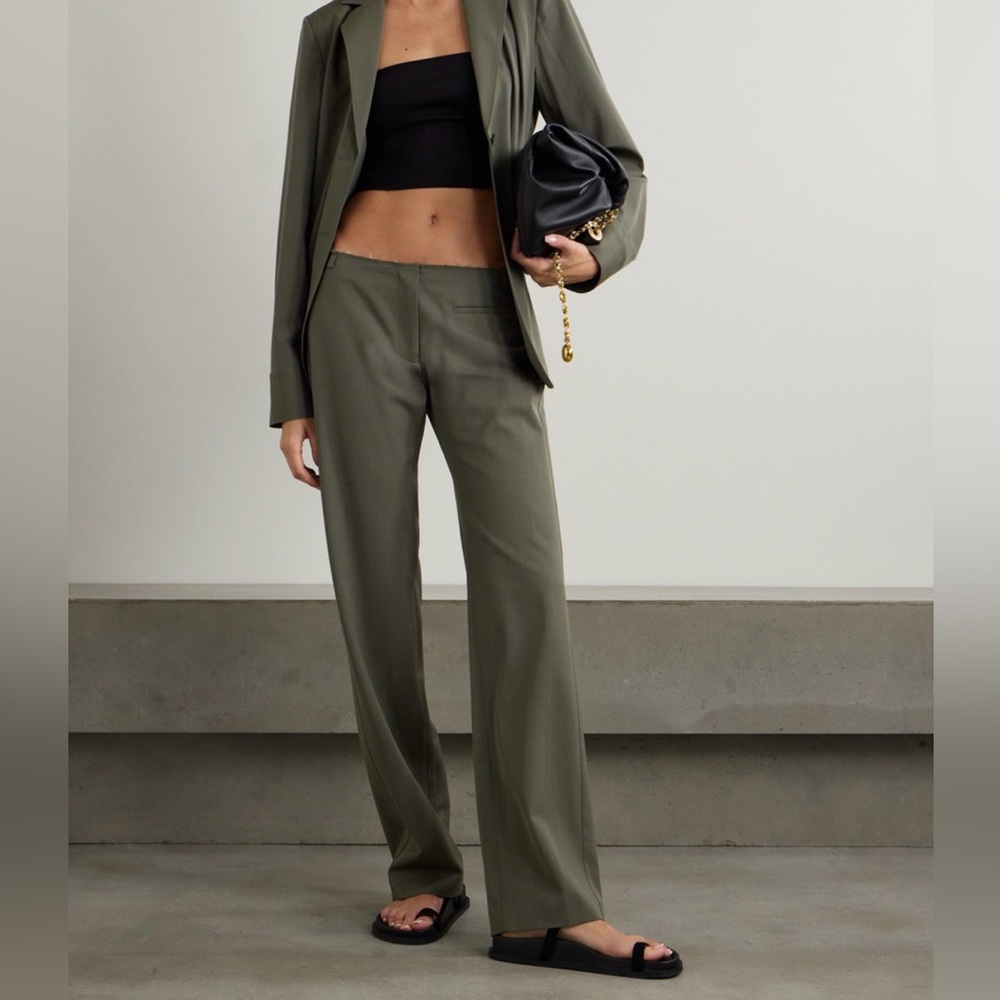St. Agni Frayed Wool-Blend Twill Pants in Smokey Olive